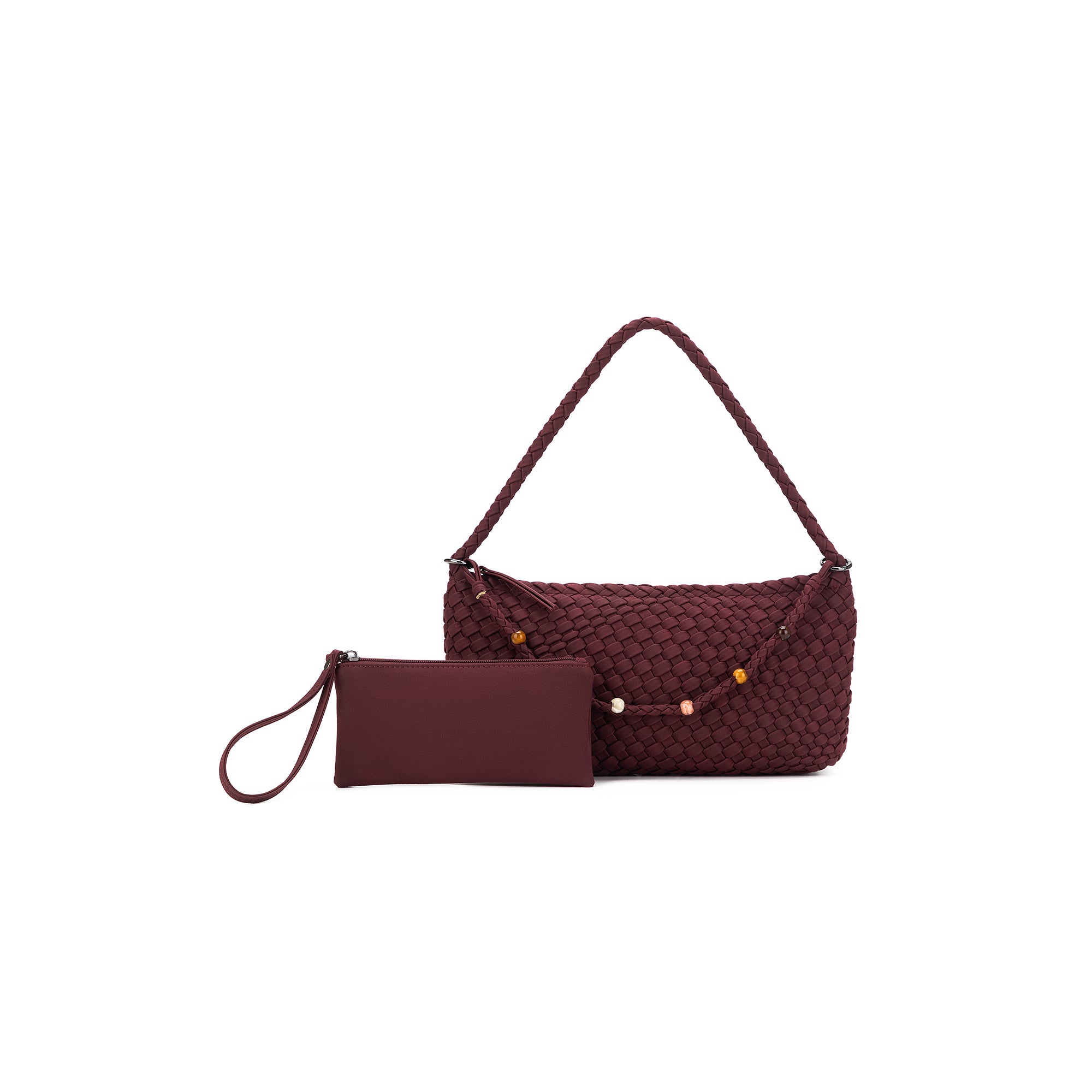 Nolita Burgundy 2 Piece Eastwest Handwoven Suedette Handbag