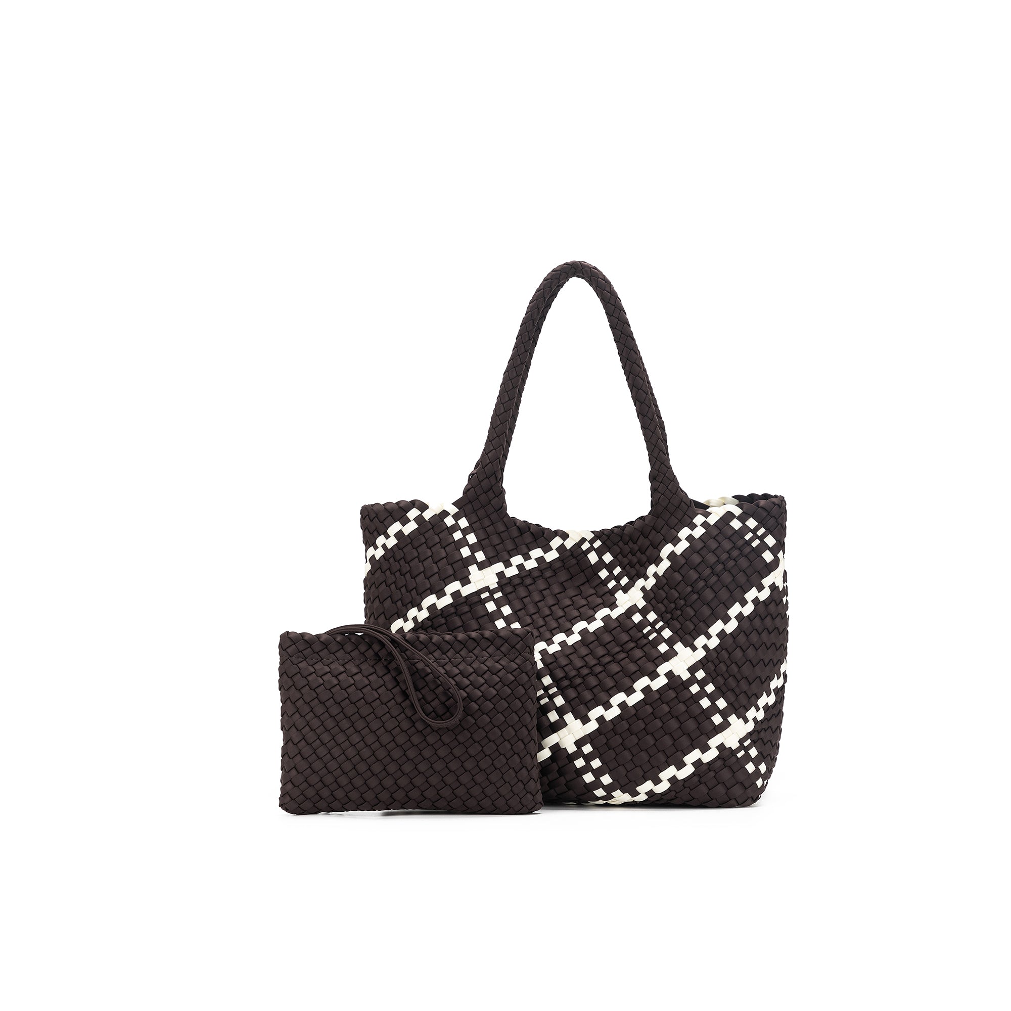 The Hampton Chocolate And White 2 Piece Handwoven Neoprene Handbag