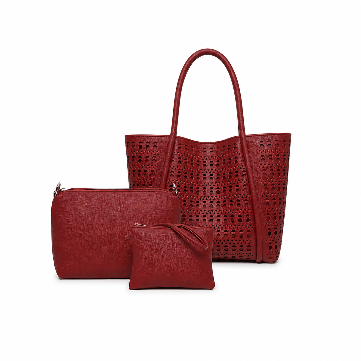 Isabel Red 3 Piece Perforated Handbag