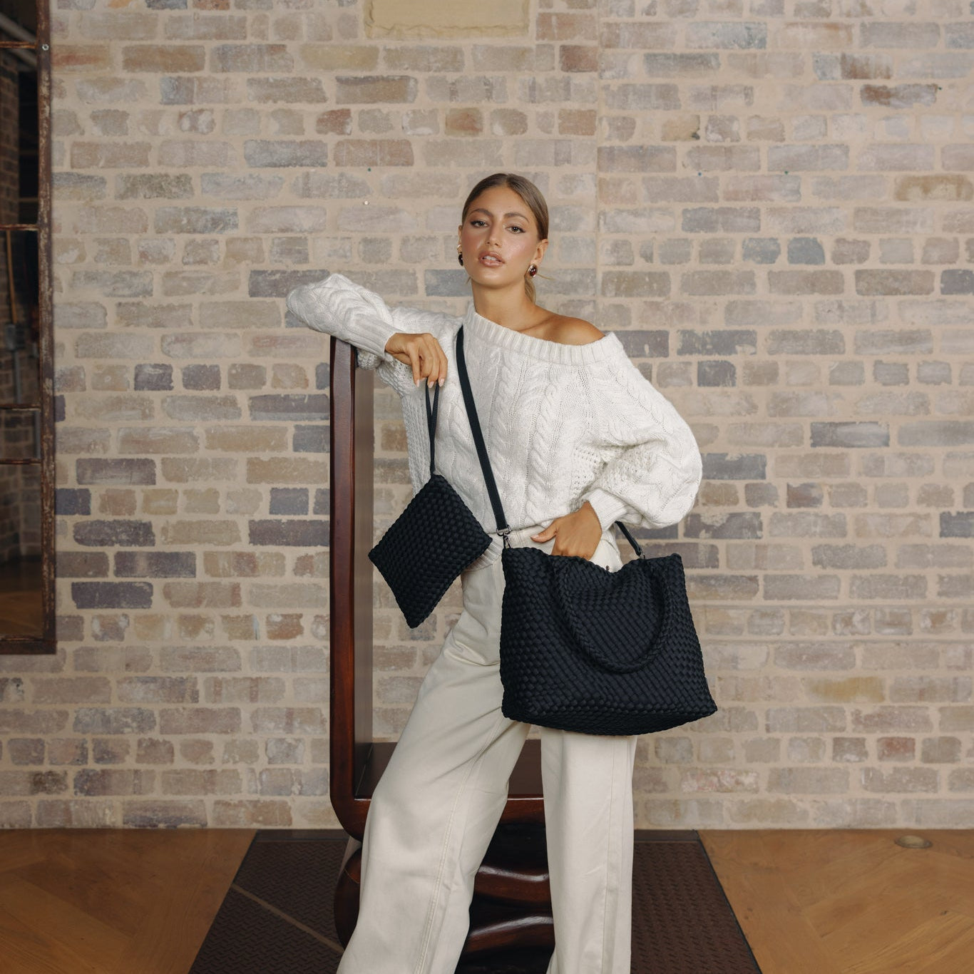 The Hampton Black 2 Piece Handwoven Neoprene Handbag