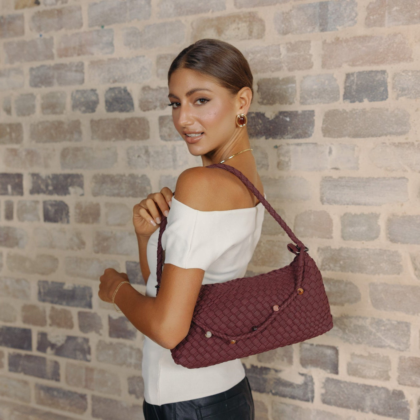 Nolita Burgundy 2 Piece Eastwest Handwoven Suedette Handbag