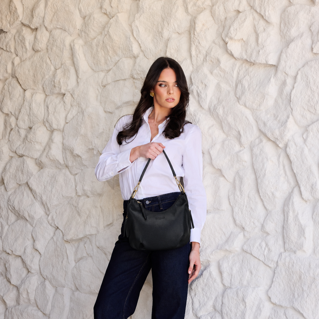 Carey Black Vegan Leather Crossbody Bag