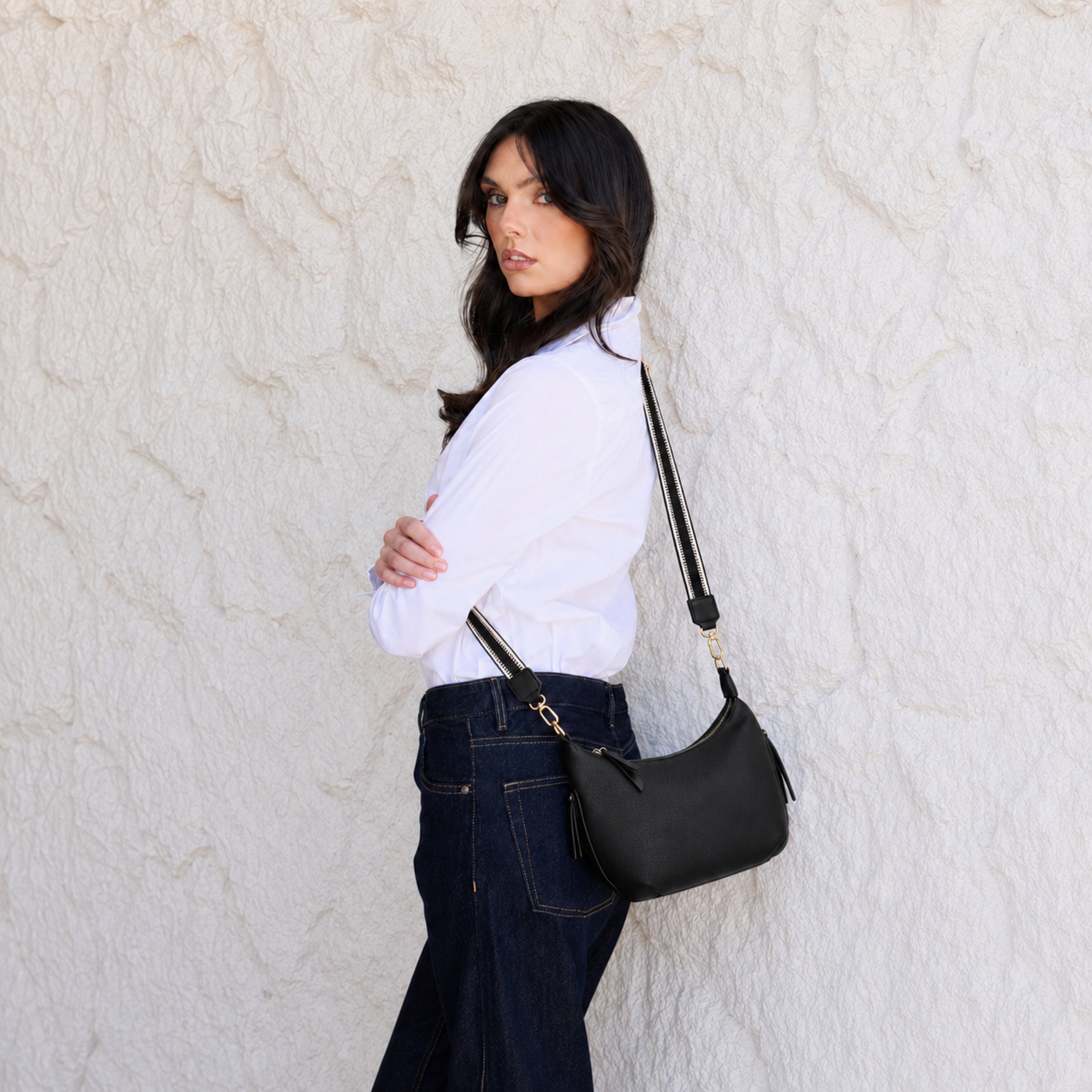 Carey Black Vegan Leather Crossbody Bag