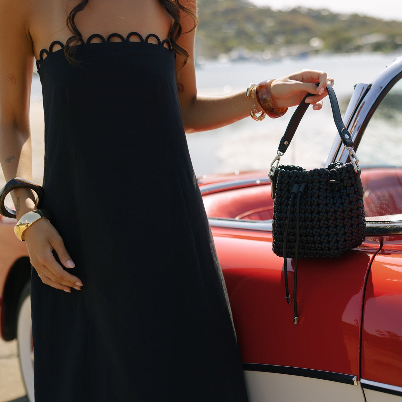 Mindy Black Woven Bucket Bag