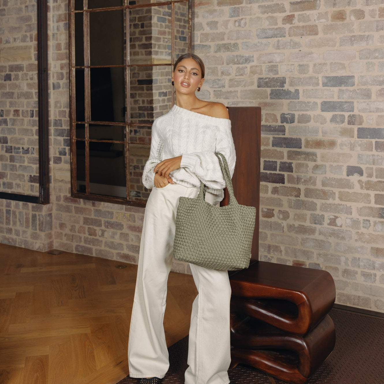 The Hampton Light Olive 2 Piece Handwoven Neoprene Handbag