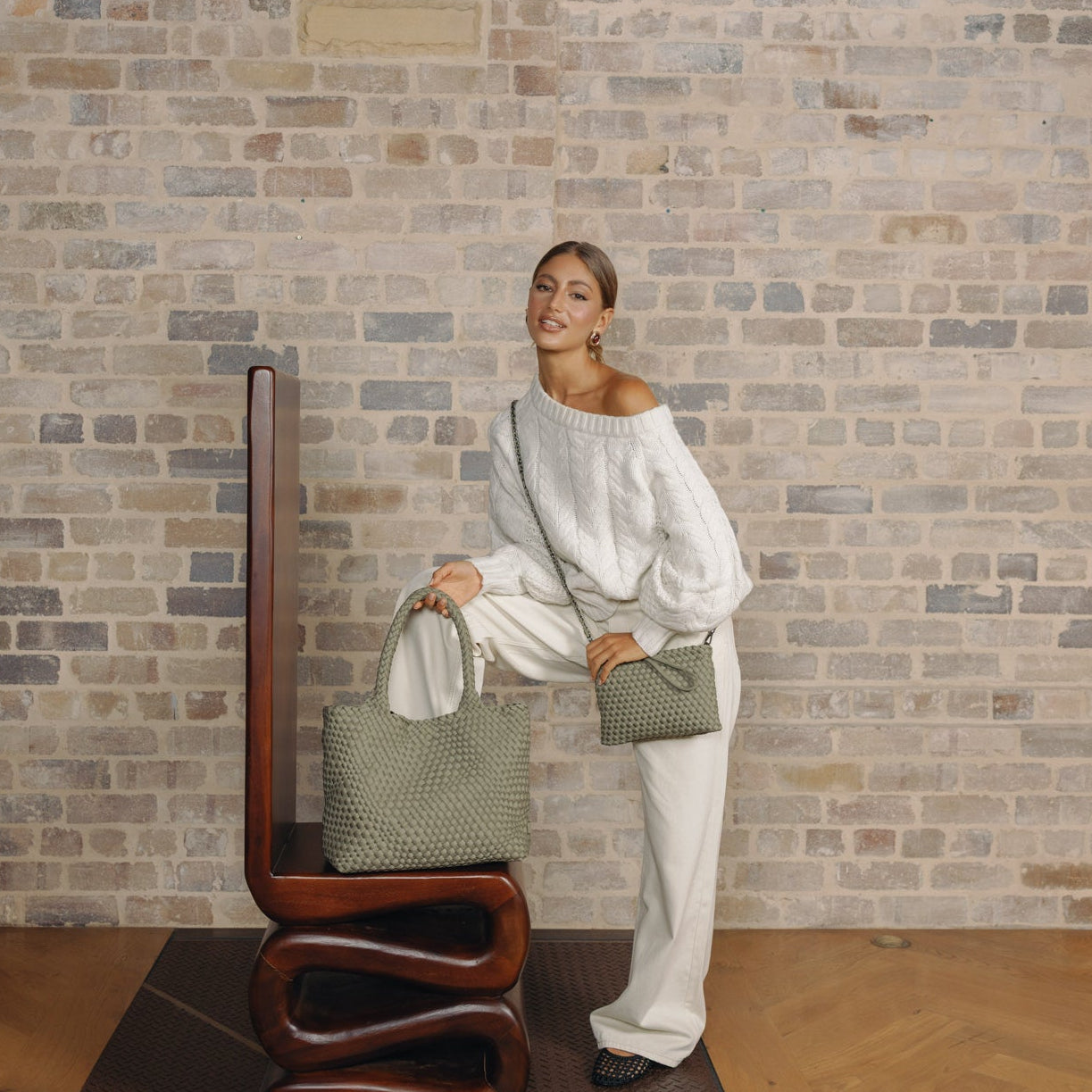 The Hampton Light Olive 2 Piece Handwoven Neoprene Handbag