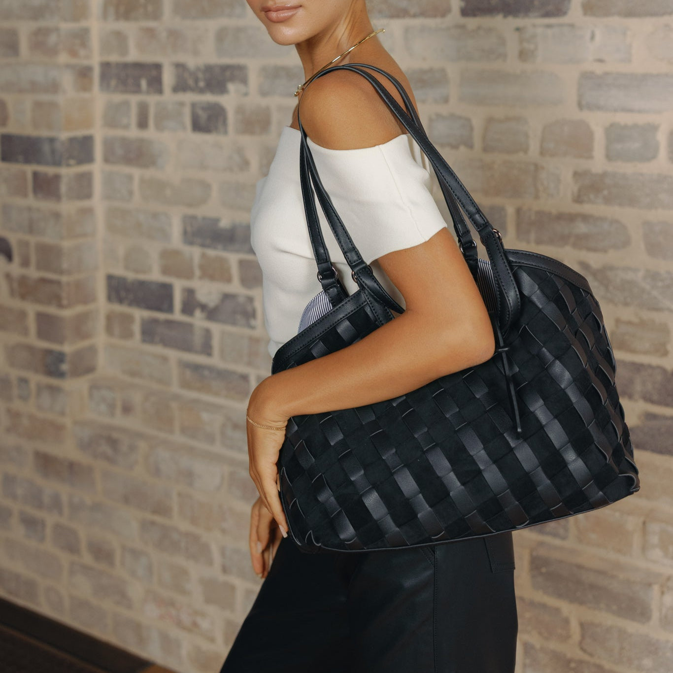 Waverly Black 3 Piece Woven Handbag Tote