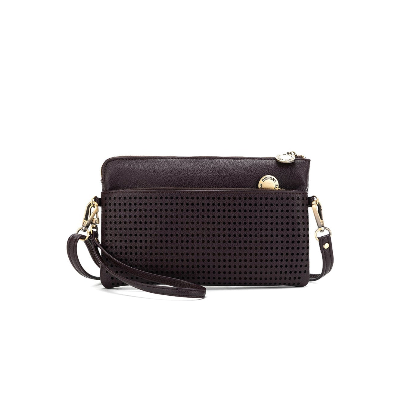 A Aubergine polyurethane crossbody clutch bag with a zippered top, front zip pocket, and an adjustable strap.