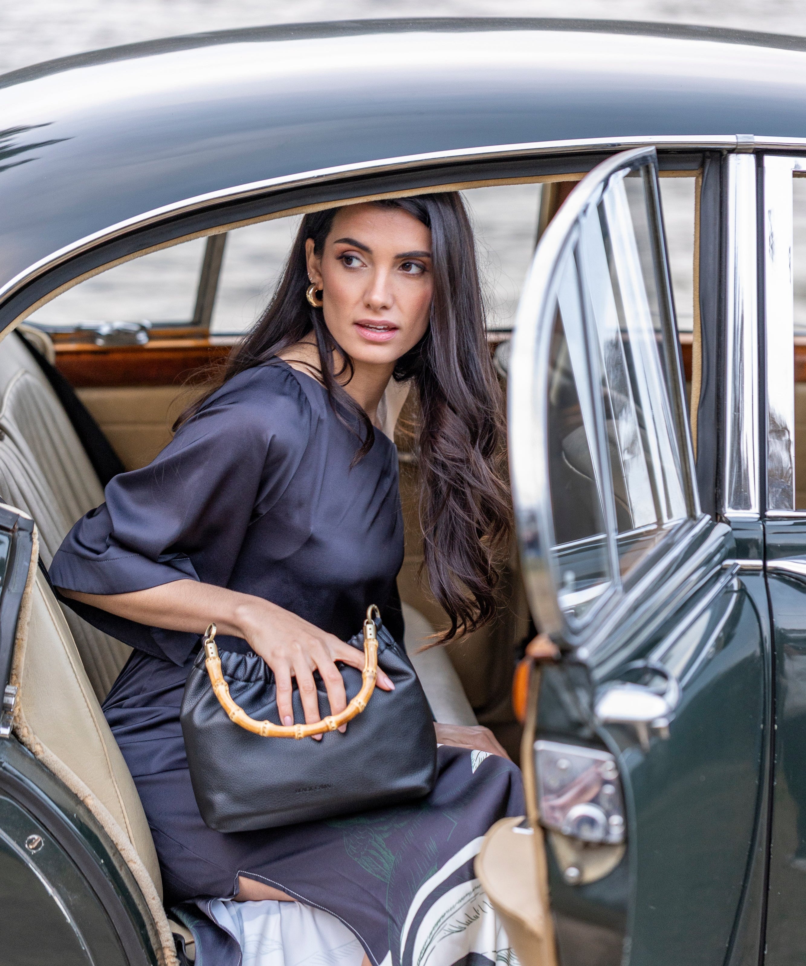 Catalina Black Bamboo Handle Crossbody Bag