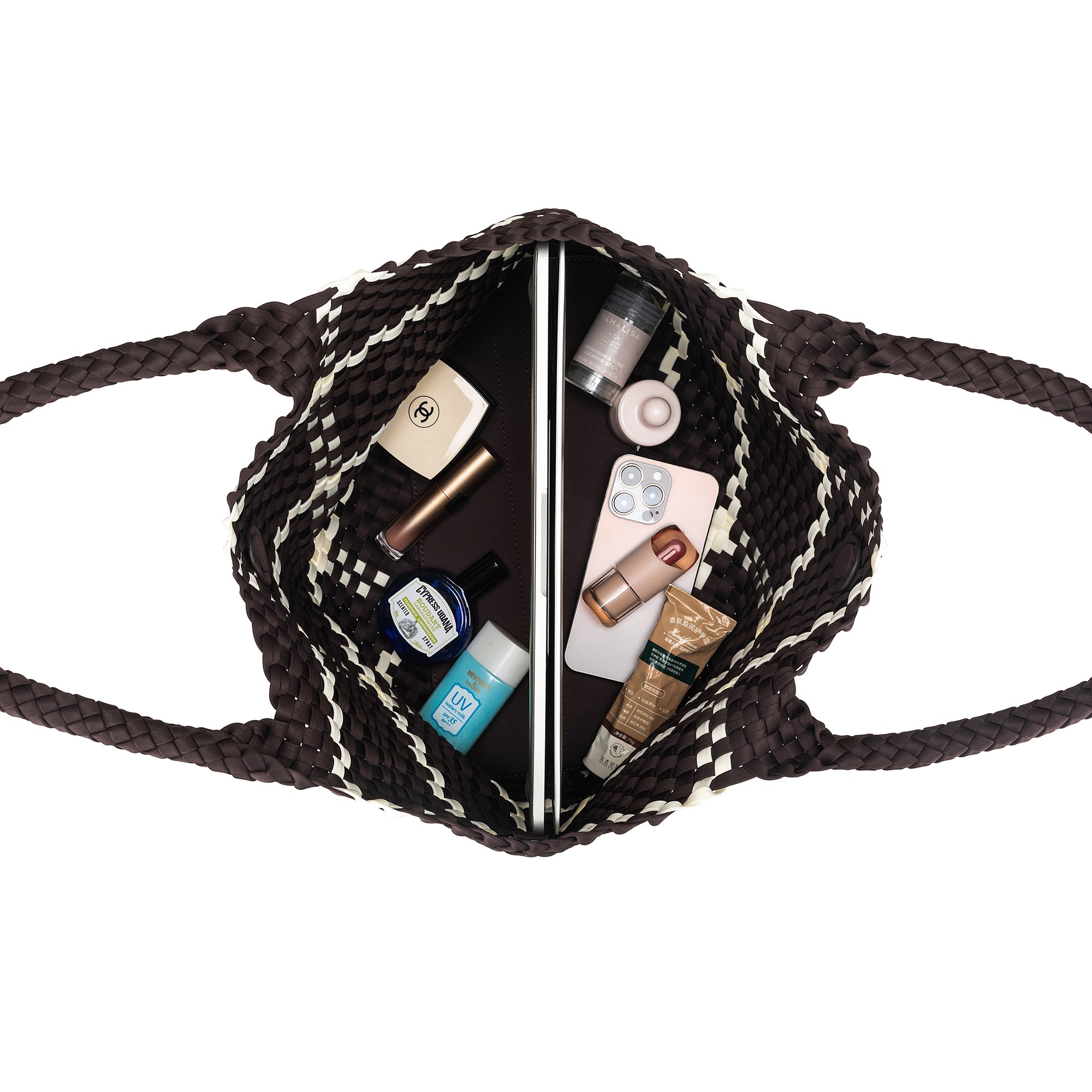 The Hampton Chocolate And White 2 Piece Handwoven Neoprene Handbag
