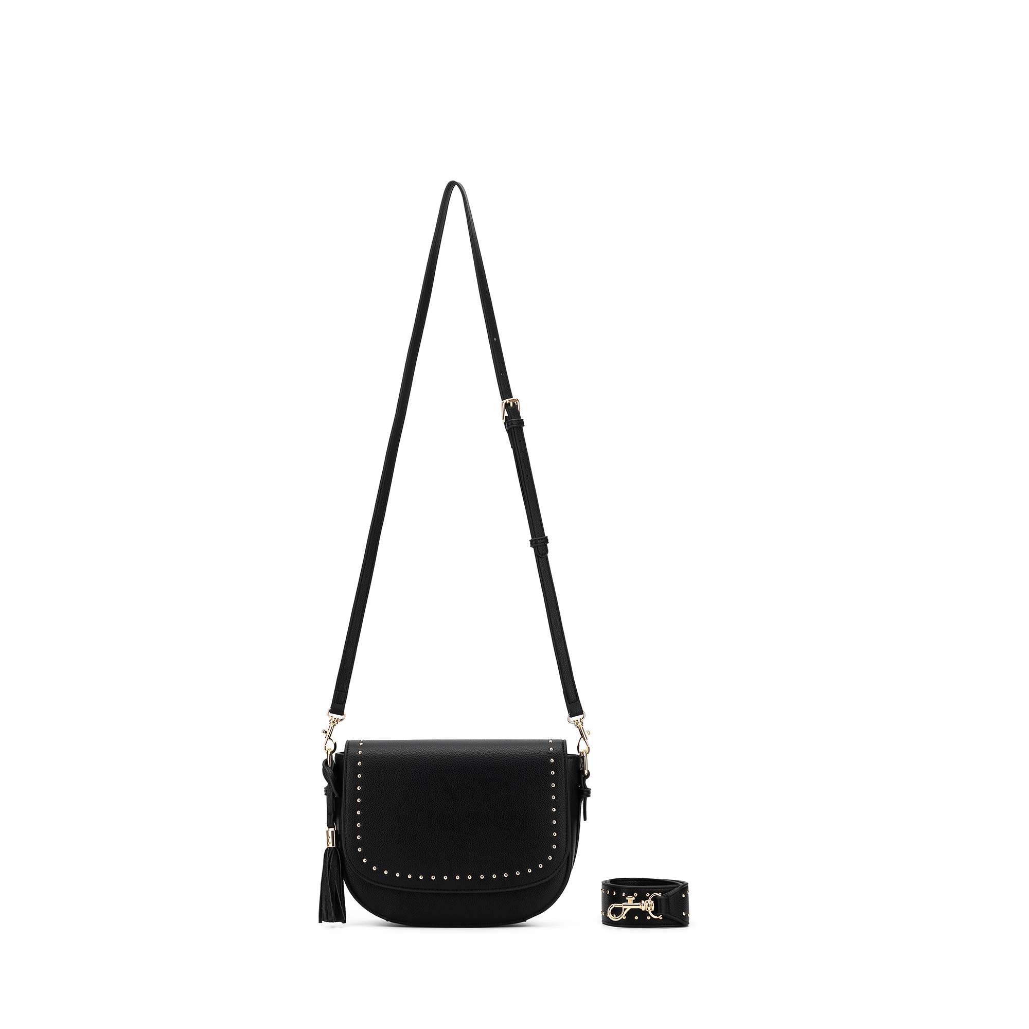 The Addison Crossbody Bag in vegan leather, sleek and versatile with an adjustable strap and gold-tone hardware. Black Caviar Designs imprinted 