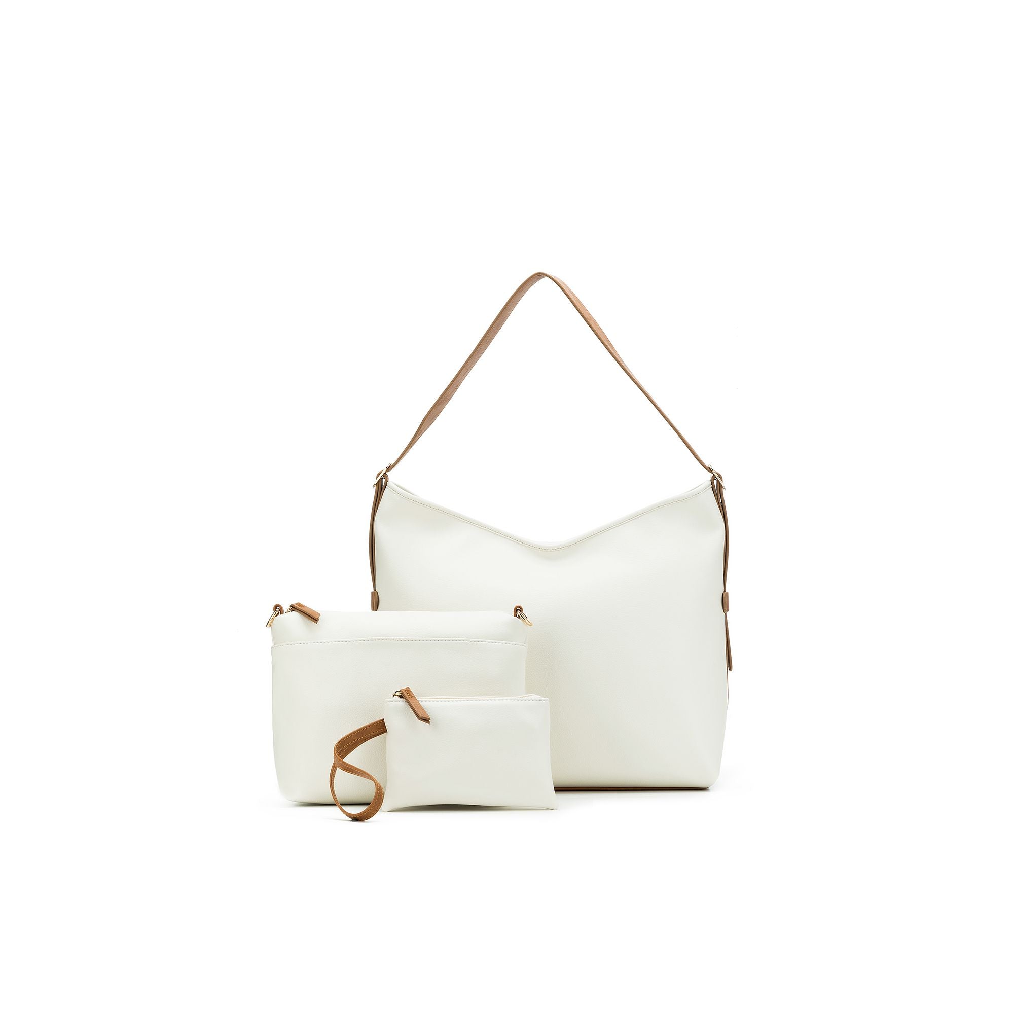 Madeleine White with Tan Large 3 Piece Floppy Hobo